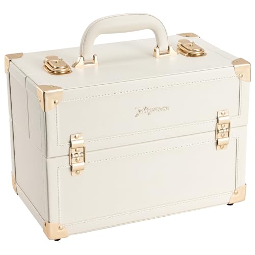 Joligrace Makeup Train Case Large Portable Cosmetic Makeup Storage Box Organizer Lockable with 4 Tray Compartments Retro Champagne Beige Vegan Leather