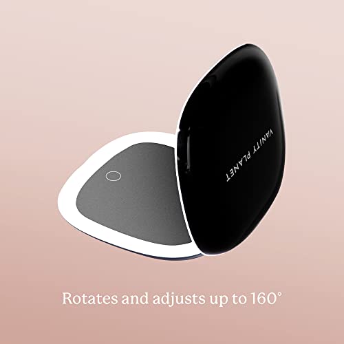 Vanity Planet Pocket Makeup Mirror with Lights & Magnification, Moda - Mini Light-Up Compact & Travel Makeup Mirror - Portable, Adjustable & Rechargeable LED Magnifying Mirror for On-The-Go - Black