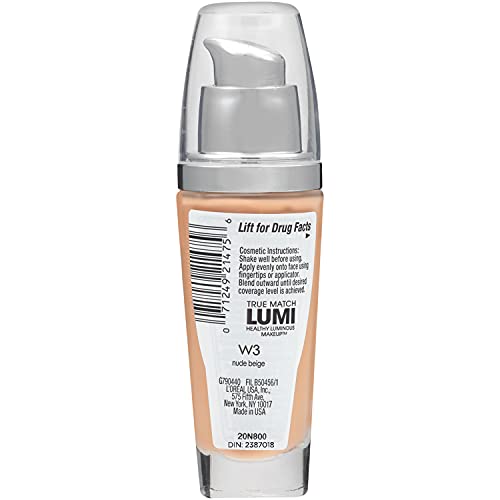 L'Oreal Paris True Match Lumi Healthy Luminous Makeup, W3 Nude Beige, 1 fl; oz.