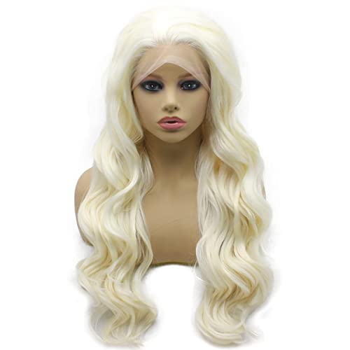Iewig Long Wavy Lignt Blonde Wig for Women Half Hand Tied Synthetic Lace Front Wig