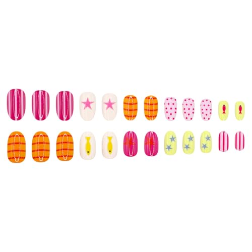 Short Oval Press On Nails Set with Polka Dot & Striped Designs - 24 Pcs