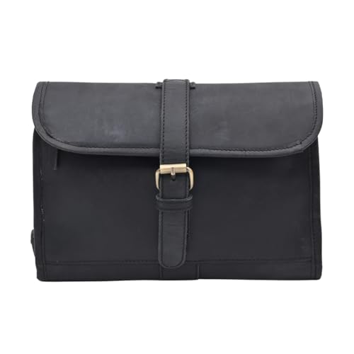 Genuine Buffalo Leather Hanging Toiletry Bag with Waterproof Lining for Men & Women Handcrafted Vintage Distressed Brownn Leather Dopp Kit, Travelling Kit (Black)