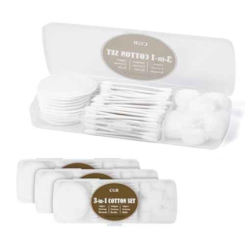 CGR Travel Cotton Swabs Set Portable, eack Pack with 100 Cotton Swabs, 12 Cotton Rounds, 12 Cotton Balls in Reusable Storage Box for Ear, Cosmetics, Makeup Remover, Nail Polish Remover(Pack of 3)