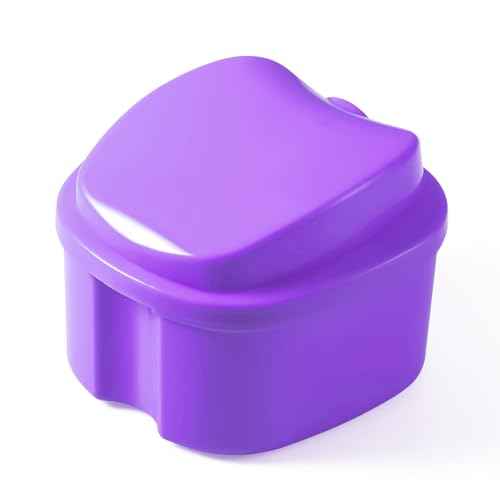 JMU Denture Bath Case, Denture Cup for Soaking Dentures with Strainer Basket Tray for Dentures, Mouth Guard Storage Case, Purple