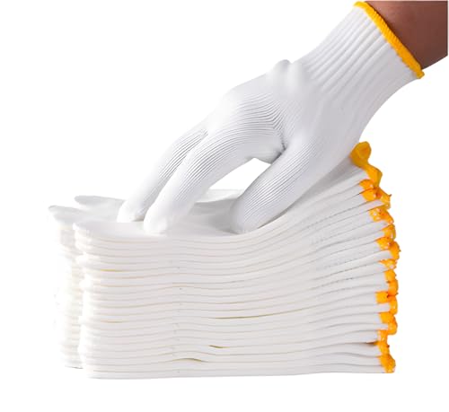 PLWJK Unisex White Cotton Polyester Safety Work Gloves 12 Pairs Large Size No Dots