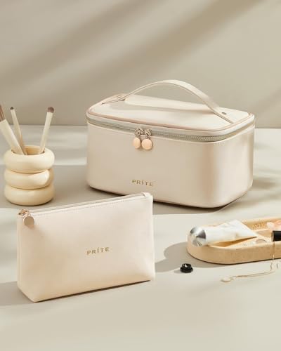 Prite 2-Pack Beige Travel Makeup & Toiletry Organizer Bag Set