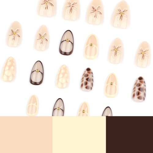 Tortoise Shell Almond Press on Nails - 24 Pcs Brown Floral Design