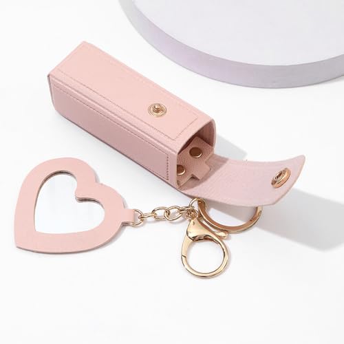 Arvintas 4 Pack PU Leather Lipstick Holder Keychain with Mirror
