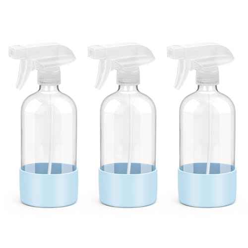 Glass Spray Bottles with Silicone Sleeve Protection, Empty 16 oz Refillable Containers, Reusable Spray Bottles with Adjustable Nozzle for Hair, Cleaning Solutions, 3 Pack Blue
