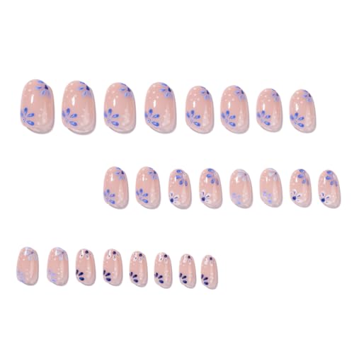 UZJXQ Short Oval Press-On Nails Nude Base with Blue Floral & Polka Dot Design – 24Pcs Style-1