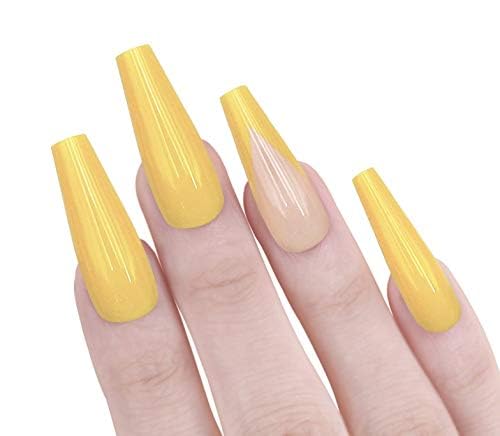 Allkem Press On Nails - Yellow Manicure Glossy Extra Long Coffin 2 Set Bundle | 10 sizes - 20 pcs False Nails Full Cover Nail Kit with Glue