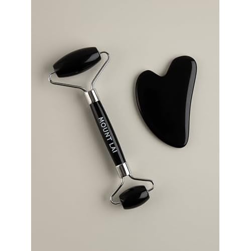 Mount Lai Obsidian Gua Sha Facial Tools, Black Obsidian Gua Sha Facial Tools Set and Roller, Guasha Tool for Face to Relieve Muscle Tension and Reduce Puffiness, Anti Aging Skin Care Sets for Women
