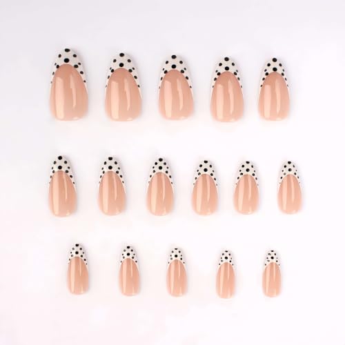 Stbisen Paris Dots Medium Almond Press On Nails Nude Pink French Tips with Black Polka Dots, Reusable Glossy Fake Nails, 24pcs