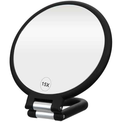 ForPro Professional Collection Premium Magnifying Handheld Mirror, 1X/15X Magnification Hand Mirror, Folding Adjustable Handle, for Makeup, Travel, Black