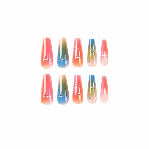 BABALAL Coffin Press on Nails Long Fake Nails Blue Pink Gradient Glue on Nails 24Pcs Ballerina Rhinestone Acrylic Nails with Design