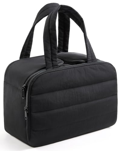 Quilted Travel Makeup Bag with Dual Compartments & Handle
