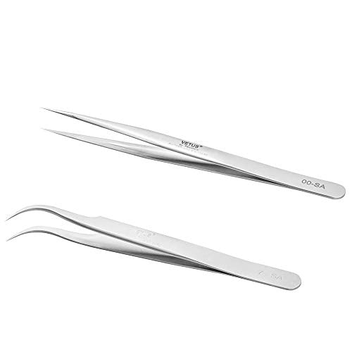 EMEDA Eyelash Extension Tweezers 2 Pieces VETUS Straight and J Curved Tweezers for Eyelash Extensions Precision Lashing Tweezers Professional Tools for Isolation Classic Volume Lash Extensions