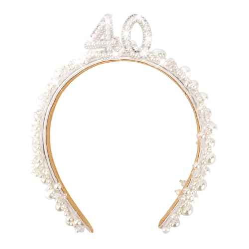 40th Birthday Headband for Women, 40th Birthday Crown for 40th Birthday Outfit Dress for Women, Birthday Headband with Pearl for 40th Birthday Decorations, Happy 40th Birthday Decorations