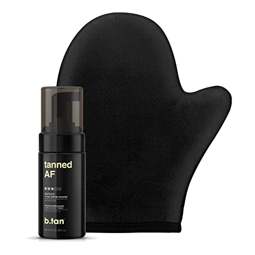 b.tan Dark Self Tanner Mini Kit | Get Tanned Travel Bundle - Mini Dark Self Tanner Mousse with Self Tanning Mitt Applicator, 1 Hour Sunless Tanner, Fast Self Tan, Vegan, Cruelty Free, 3 Fl Oz