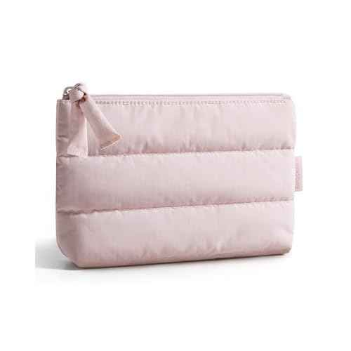 BAGSMART Small Makeup Bag, Puffy Portable Cosmetic Pouch with Charm Zipper, Water-Resistant Travel Organizer for Women (Baby Pink, Small)