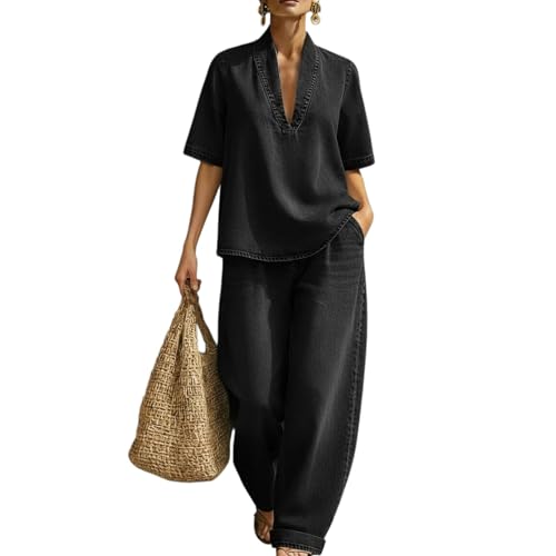 Women's Denim 2-Piece V-Neck Pant Suit - Trendy Wide Leg Outfit