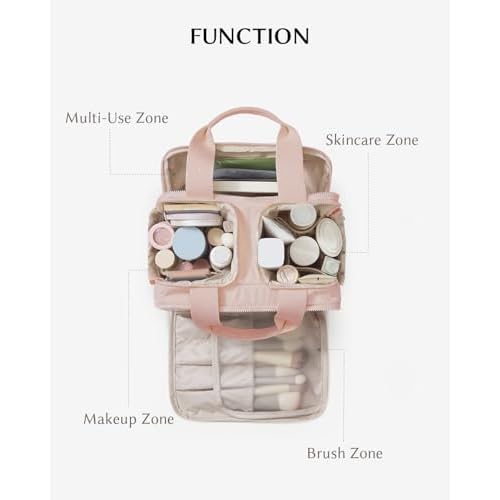 EACHY Travel Makeup Bag with Handle, Large Capacity Makeup Organizer, Waterproof Cosmetic Bag for Women, Wide-Open Design, Portable Toiletry Case for Travel, Accessories, and Essentials (Pink)