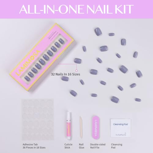 LAMIMOSA 32Pcs Short Square Press On Nails Ash Gray