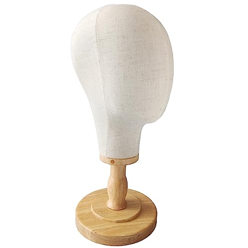 CHADWICK Wig Head Stand Mannequin Head Hat Display Stand Linen Wig Holder, Hat Rack Fabric Head, Canvas Dome + Detachable Wood Stand, Wig Display Model Head Wig Stand for Wigs, Hats, Caps, Headdress