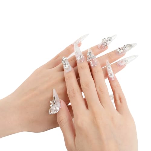 PRESSIFY Handmade White Press-On Nails, White & Creamy Pearl with Design and Crystal Adornments, Sophisticated Stiletto Shape, Re-usable and Eco-friendly/Come with Glue Tabs / 10 pcs(Large)