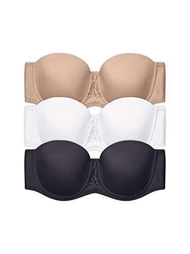 Vanity Fair Women's Beauty Back Smoothing Strapless Bra, 4-Way Stretch Fabric, Lightly Lined Cups up to H, 3 Pack-Black/White/Beige, 34G