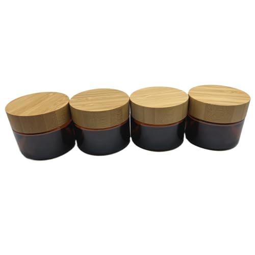 Bamboo Lid Brown Glass Cosmetic Jars Set of 4 - 1.6 oz