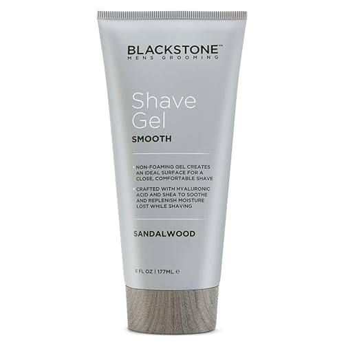 Blackstone Men's Grooming Smooth Shave Gel - Non Foaming for a Smooth Comfortable Shave - Hyaluronic Acid, Shea, Peppermint & Tea Tree - Cool, Soothe & Replenish Moisture - Sandalwood Scent (6 oz)
