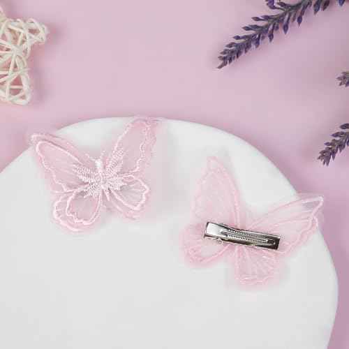 12Pcs Pink Butterfly Hair Clips, Cute Lace Embroidery Flower Butterfly Hair Bow for Women Girls Fairy Hair Accessories Halloween Christmas Party Decor (Pink)