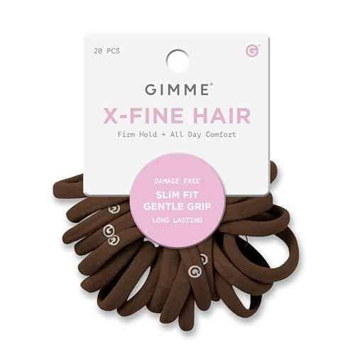 Gimme Beauty X-Fine Hair Bands - Slim-Fit Elastic Ties for Extra Fine Hair - No-Dent, Gentle-Grip Ponytail Holders for All-Day Comfort - 20 Pack, Light Brown