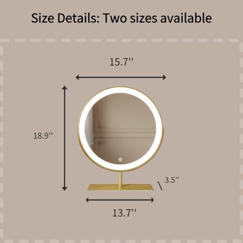 Vanity Mirror Makeup Mirror with Stand,15.8" Round Vanity Mirror, LED Lights, Smart Touch 360¡ÆRotation, Dimmable White (Golden)