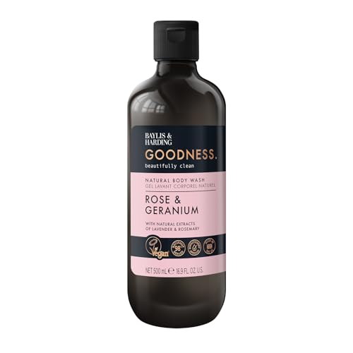 Baylis & Harding Goodness Rose & Geranium Natural Body Wash 16.9 fl. oz (Pack of 3) - Biodegradable Formula - Vegan Friendly