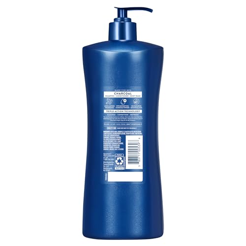 Suave Men Deep Cleansing 3 in 1 Shampoo, Conditioner & Body Wash with Charcoal Powder, Detoxifies & Cleanses Hair & Skin, Removes Oil & Impurities, 4 Count, 28 FL OZ Pump