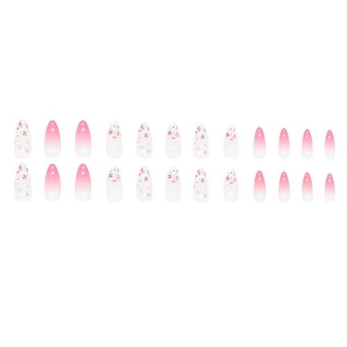 Gradient floral elements Cute Nails Pink and tender Press on Nails Short Almond Fake Nails French Dopamine Style Summer Glue on Nails for Women and Girls Spring romantic girly style Manicure(24 PCS)