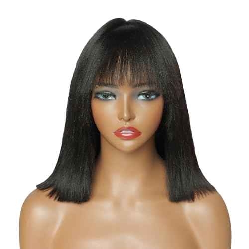 10 Inch Silky Straight Bob Wig Human Hair with Bangs Ready to Go Short Blunt Cut Black Wigs 1X4 HD Lace Closure 200% Density Bob Wigs with Breathable Cap for Women