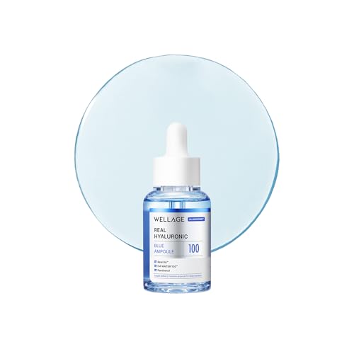 WELLAGE Real Hyaluronic Blue Ampoule 100, Korean Skincare, Fragrance Free Hyaluronic Acid Serum with Panthenol, Wild yam, Centella for Sensitive Dry Skin Moisturizer 1.01 fl.oz