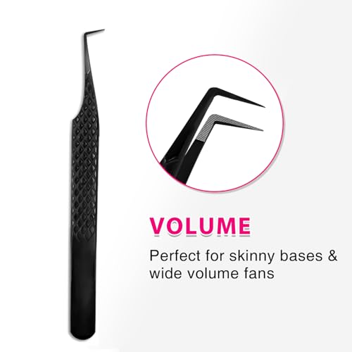 TDANCE Lash Tweezers for Eyelash Extensions, Diamond Grip 90 Degree Fiber Tip Lash Tweezers for Volume Lashes Make Fans, Stainless Steel Lash Extension Tweezers(Black-05)