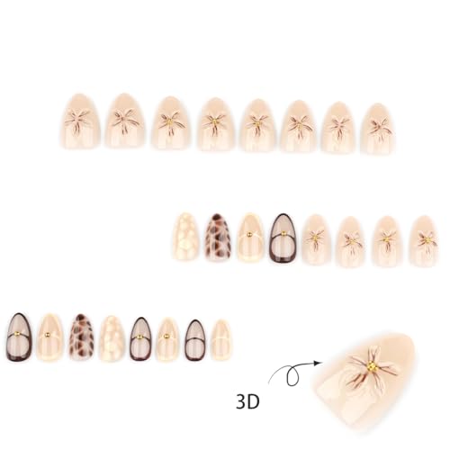 Tortoise Shell Almond Press on Nails - 24 Pcs Brown Floral Design