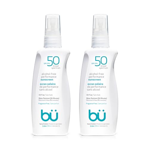 BU SPF 50 Sunscreen Spray for Face and Body, Fragrance Free, Clear Non Aeorsol, Non Greasy and Water Resistant (2-pack)