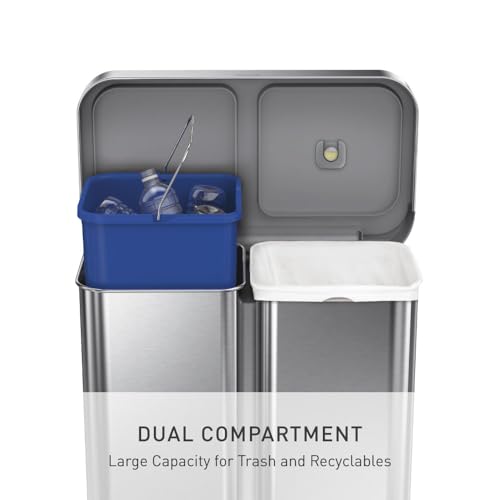 simplehuman Brushed Stainless Steel Step Recycler 58L Dual Compartment Trash Can with Steel Lid