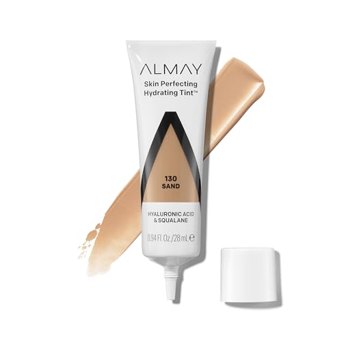 Almay Hydrating Liquid Foundation Tint, Lightweight with Light Coverage, Naturally Dewy Finish, Hypoallergenic, Dermatologist TestedFragrance Free, 130 Sand, 0.94 fl oz.