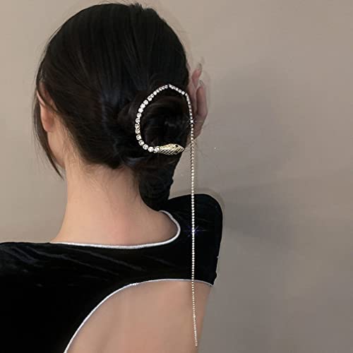 Rhinestone Hair Chains, Shiny Punk Tassel Hair Clips, Snake Shape Sparkle Crystal Adornments Decorative Chain Ponytail Headpieces Nightclub Prom Christmas Party Hair Accessories for Women Lady（2Pack)