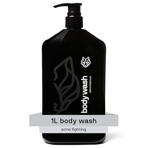 Black Wolf Salicylic Acid Body Wash for Men, 1 Liter - Men's Acne Body Wash - Charcoal Helps Reduce Acne Breakouts & Cleanse Your Skin - Full Coverage & Deep Clean Treatment - Men's Bodywash