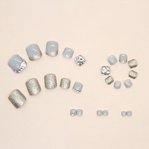 White Press on Toenails Gold Glitter Rhinestone Design Square Fake Toenails Luxurious Short Acrylic False Toes Nails Cute Artificial Beach Full Cover Toenail White for Women and Girls 24Pcs