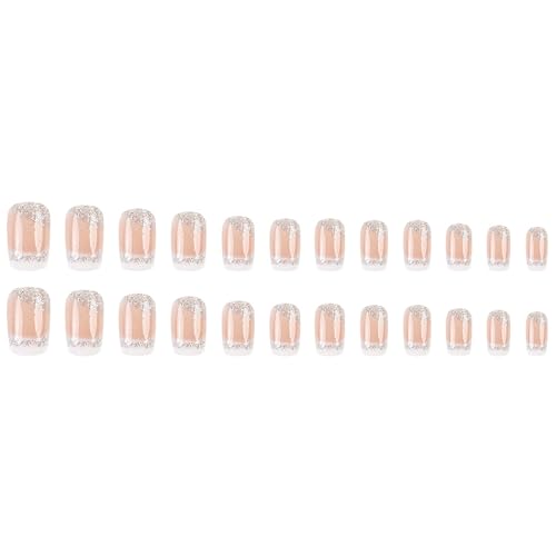 24 Pcs White French Tip Press on Nails Medium Square Fake Nails with Glue Glitter Full Cover False Nails with Silver Sequin Design Acrylic Nails Press ons Coffin Nail Tips Glue on Nails for Women