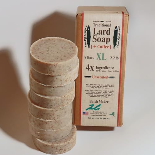 troutcreeksoaps¢ç Traditional Lard Soap + Coffee 8 Bars, 2.2lb | Natural, Unscented & Biodegradable | Handmade with Just 4 Simple Ingredients | Pig Tallow Bar Soap Made in the USA